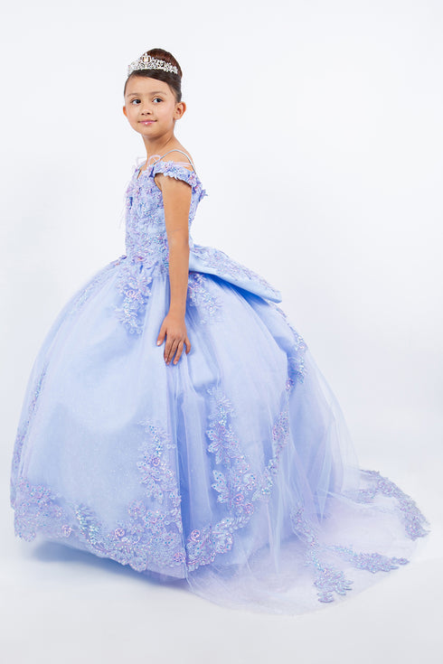Girls Blue Floral See-Through Corset Two-Tone Embroidery Off Shoulder Ball Gown 2-16